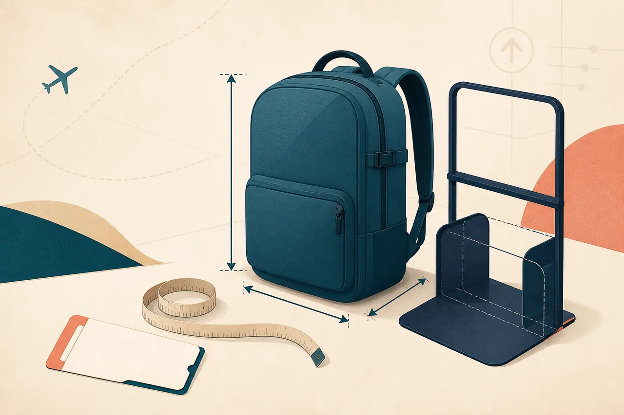 Ilustração editorial de uma mochila a ser medida antes da viagem
