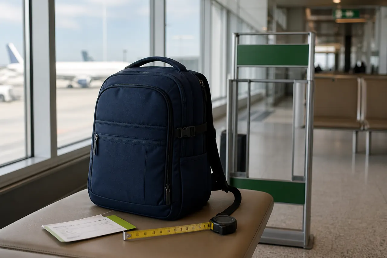 Mochila de cabine junto a um medidor num terminal de aeroporto