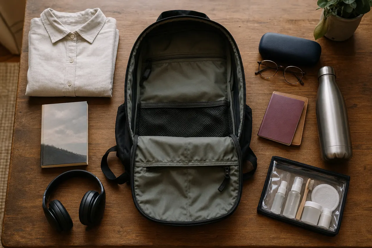 Mochila aberta com roupa, passaporte, carregador, líquidos e objetos essenciais para a cabine