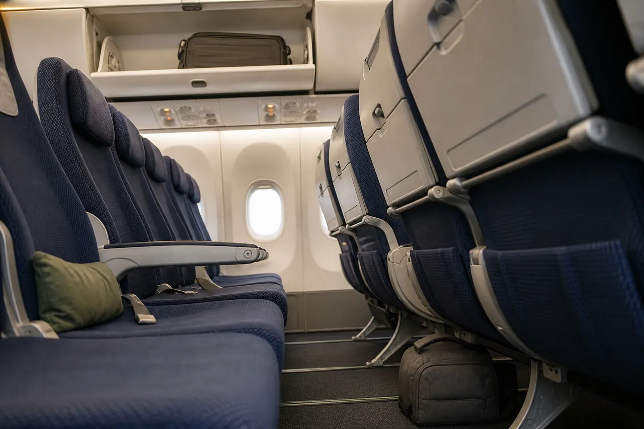 Cabine de avião com uma mochila debaixo do banco e uma mala no compartimento superior