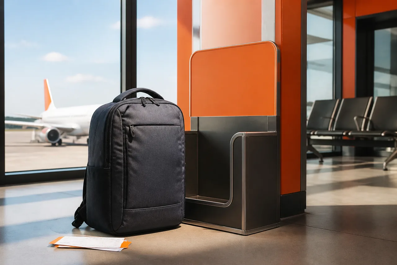 Mochila de cabine junto a um medidor de bagagem num portão de embarque com apontamentos laranja