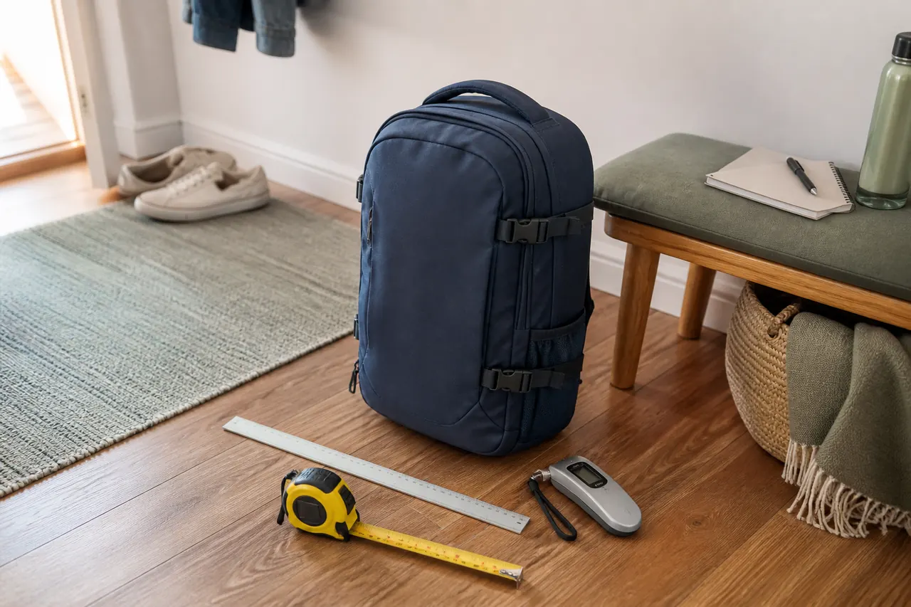 Mochila de cabine junto a fita métrica e balança para confirmar as medidas
