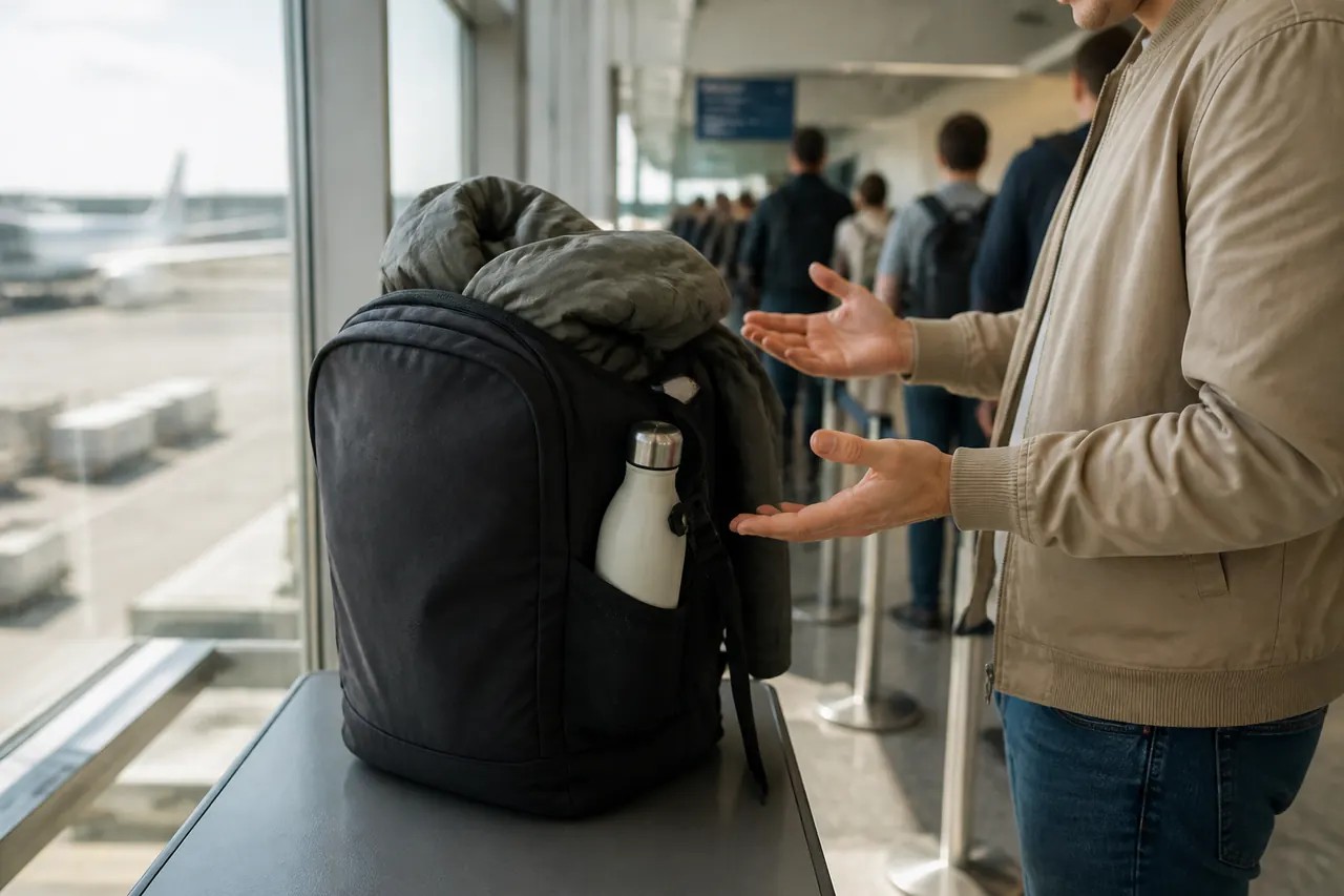 Mochila demasiado cheia com casaco e garrafa à vista junto à fila do aeroporto