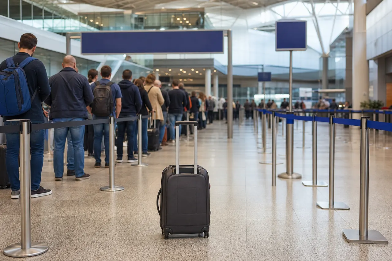 Mala de cabine diante de duas filas com barreiras no terminal para comparar opções de embarque