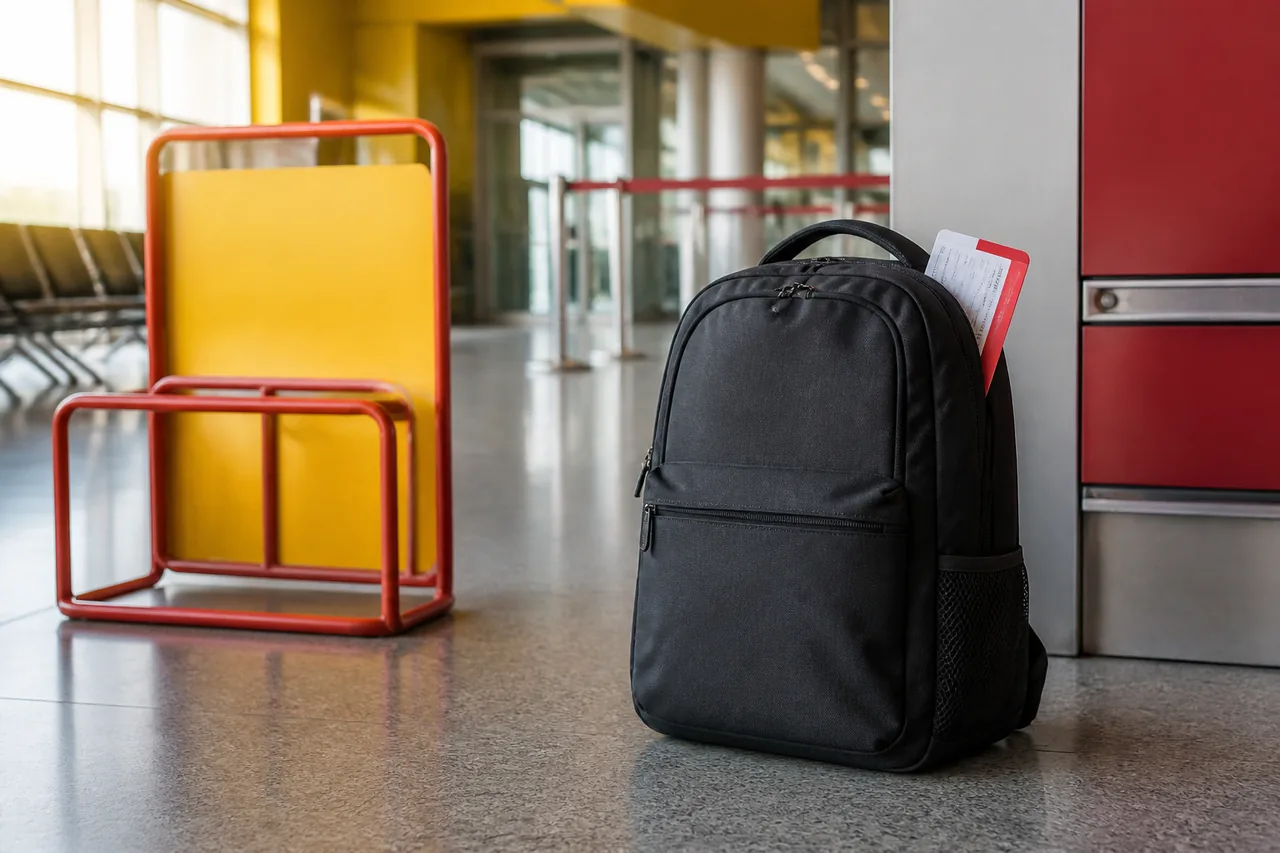 Mochila compacta junto a um medidor de artigo pessoal num embarque com apontamentos vermelhos e amarelos