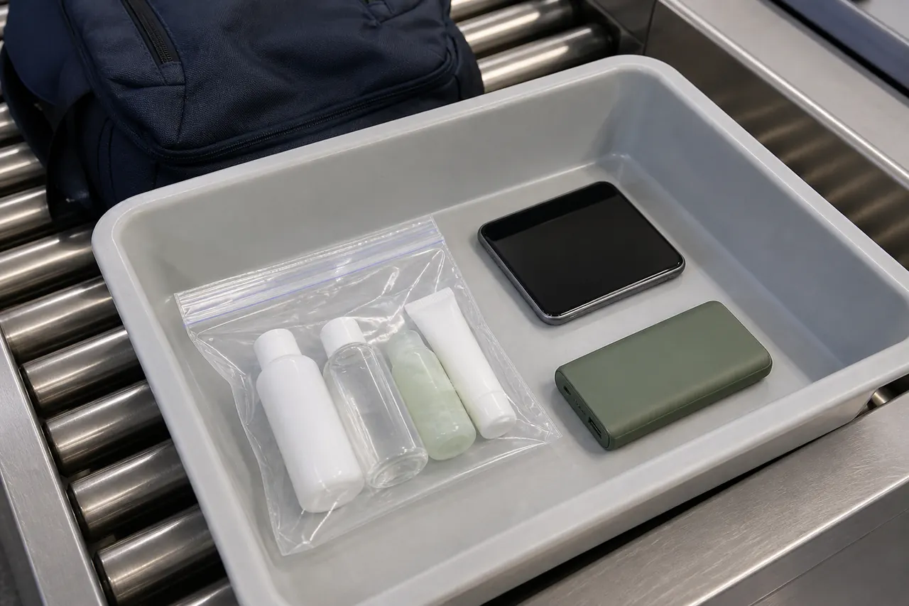 Tabuleiro de segurança com saco transparente de líquidos, telemóvel e bateria portátil