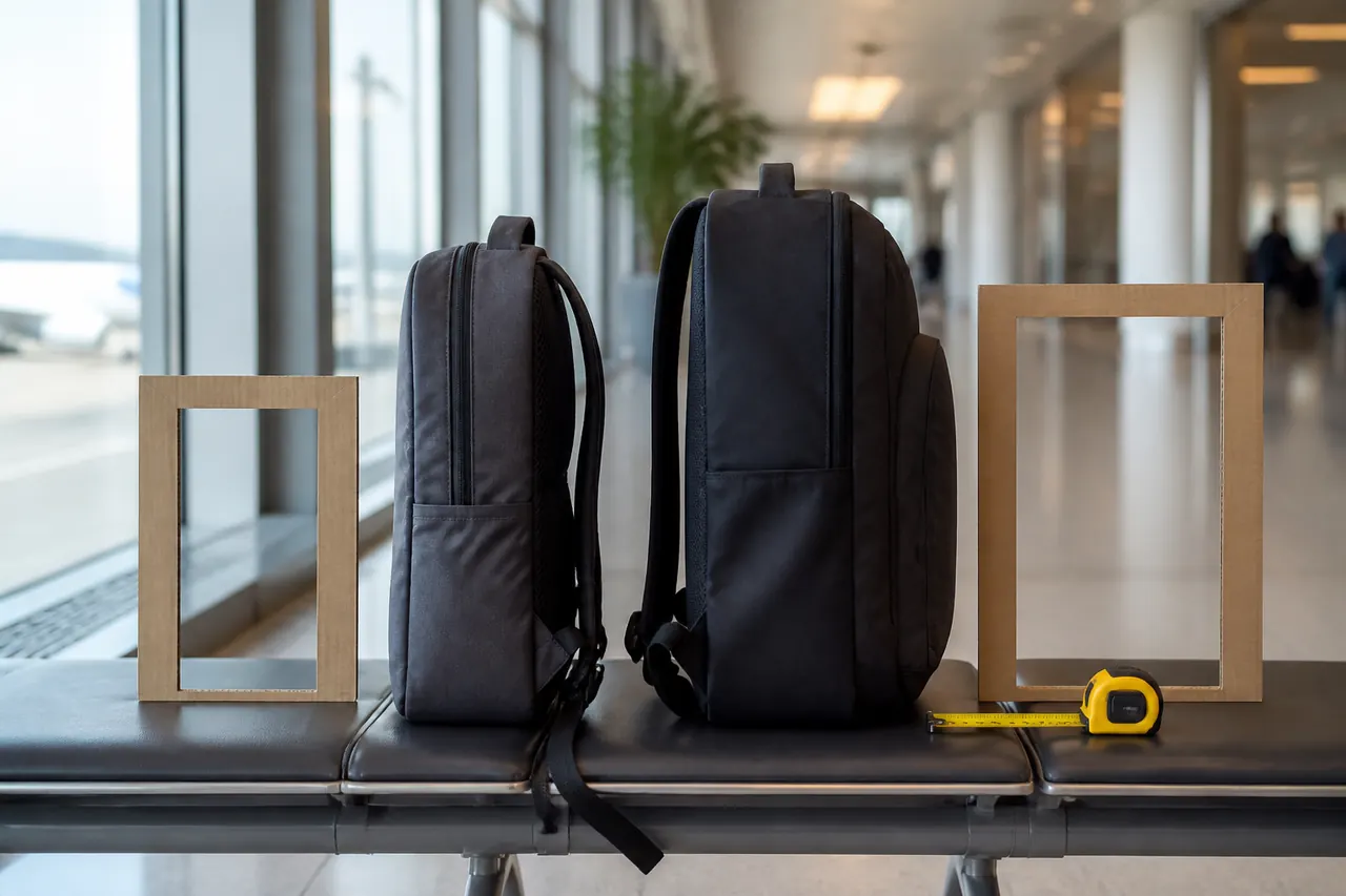Duas mochilas sem marcas e molduras de tamanhos diferentes para comparar limites de cabine