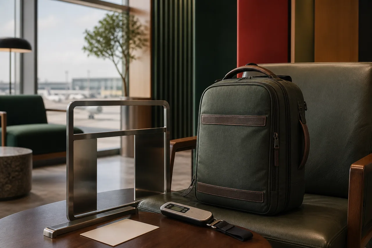 Mochila de cabine junto a um medidor e uma balança numa sala de embarque com apontamentos verdes e vermelhos