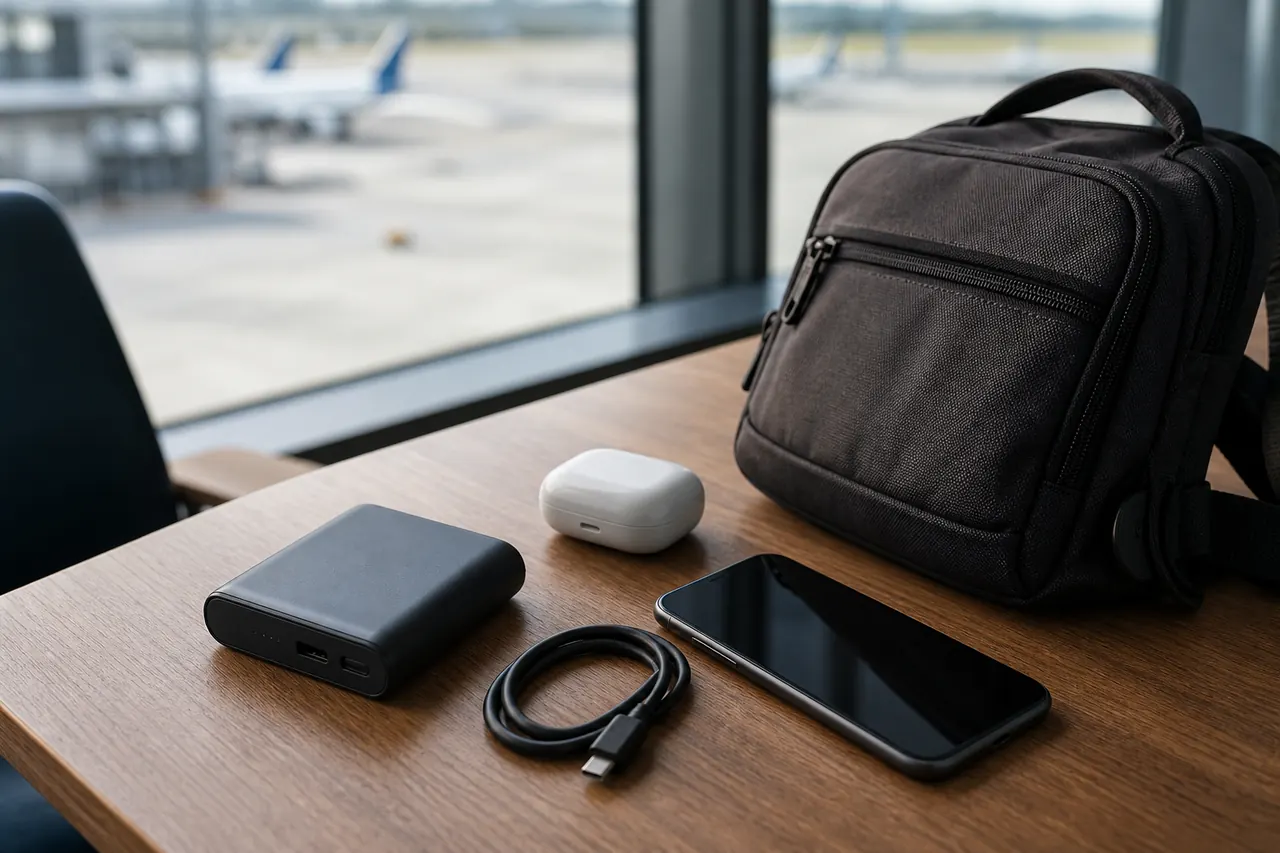 Mesa de aeroporto com mochila, telemóvel, cabo e bateria portátil