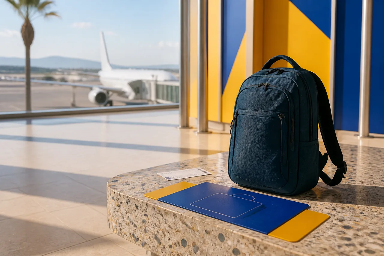Mochila compacta numa sala de embarque mediterrânica junto a um molde de bagagem azul e amarelo