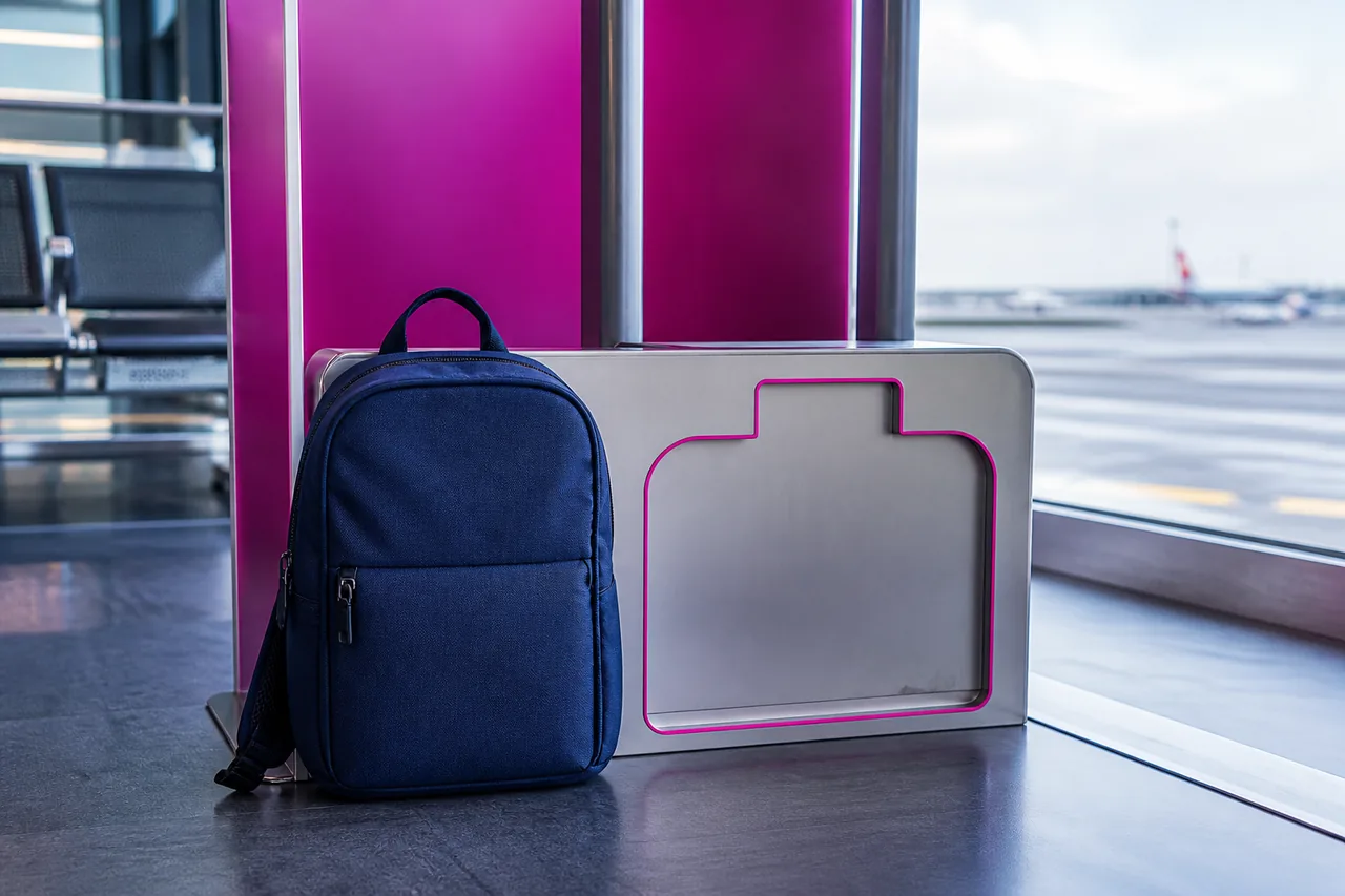 Mochila compacta junto a um molde de artigo pessoal num portão de embarque com apontamentos magenta